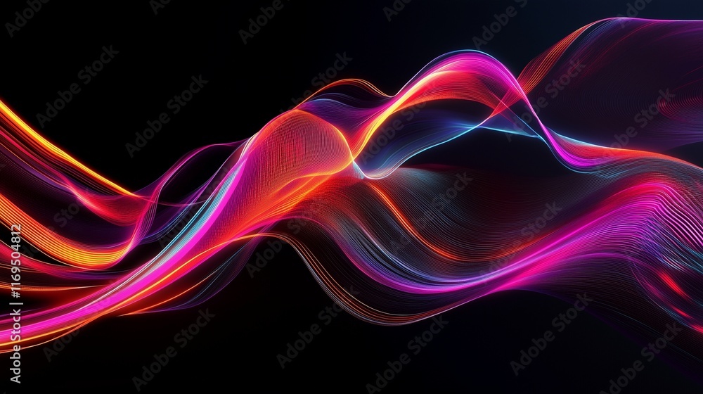 Poster bold digital artwork with neon colors and dynamic lines, presented on a solid black background in a 