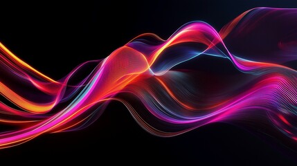 Naklejka premium Bold digital artwork with neon colors and dynamic lines, presented on a solid black background in a contemporary gallery environment.