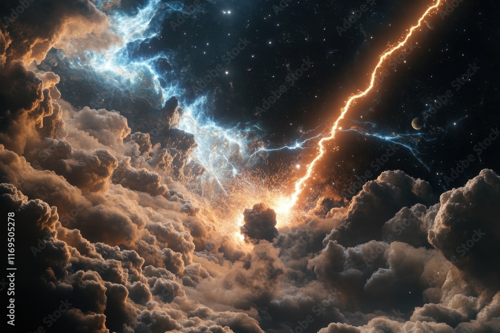 Poster stormy sky with lightning and vibrant clouds at night creating a dynamic celestial display
