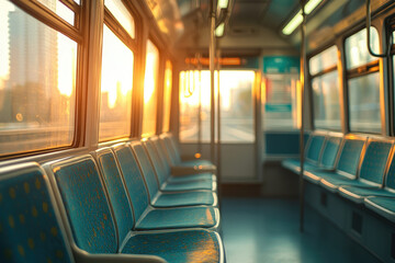 Fototapeta premium Empty train seats bathed in golden sunset light, peaceful urban transit scene.