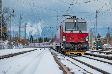 Fototapeta premium Modern electric passenger train enters the station on a snowy day. Train and winter.