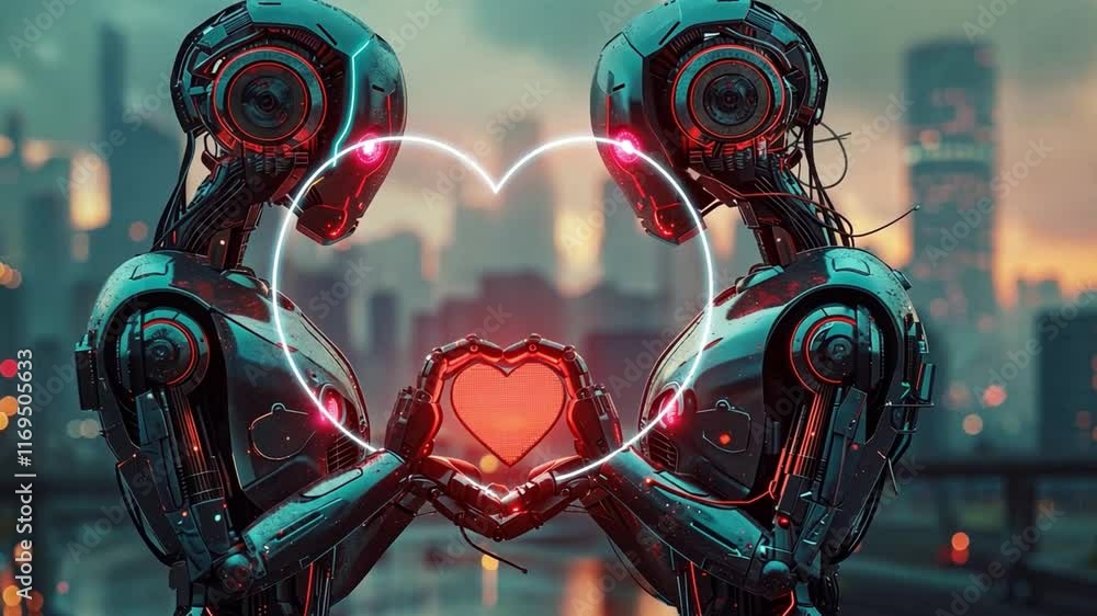 Poster Two futuristic robots hold a glowing heart between them, symbolizing love and connection in a vibrant city.