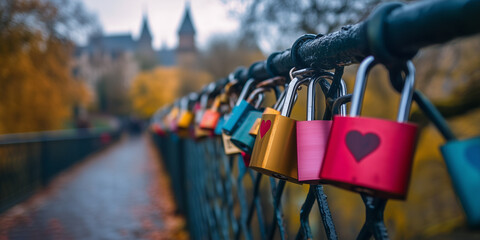 A close-up of colorful love locks attached to a bridge