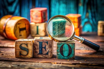 Wooden block SEO:  Search engine marketing success magnified.  Close-up views, powerful results.