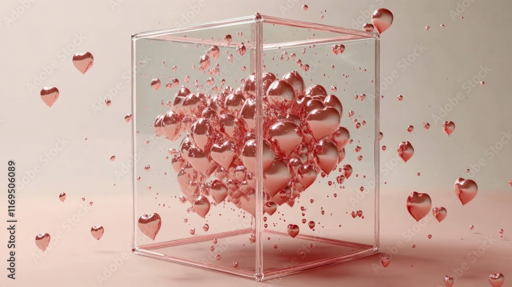 Poster floating glass cube filled with heart-shaped bubbles in a minimalist space with a soft pink gradient