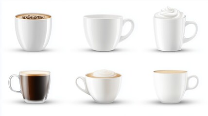 Different types of coffee cups filled with various coffee beverages arranged artistically on a plain background