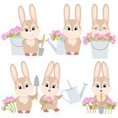 Set of Easter bunnies with watering cans, flowers and shovels