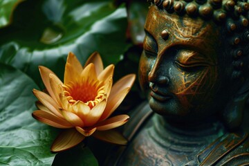 Obraz premium Buddha Statue and Lotus Flower Silhouette in Beautiful Natural Setting