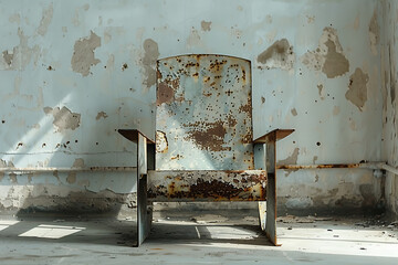 vintage furniturescalajsluxurious texture, a weathered metal chair is showcased against a calm ivory background, emphasizing its robust design in a simple style