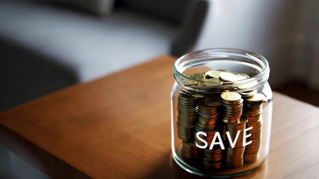 Growing coin collection in a glass jar: saving money concept with dynamic movement
