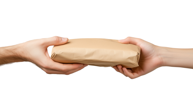 A Close-up of hands exchanging a package, cutout in a PNG file with, on a Transparent Background 