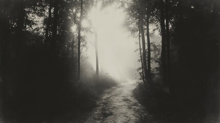 Misty Forest Path Leading To Light