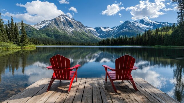 Red chairs sit on a dock by an Alaskan lake, reflecting mountains and a tranquil blue sky. Perfect for relaxation and nature appreciation