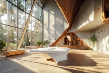 Obraz premium Modern wooden & concrete building interior, sunlight streaming through large windows, showcasing a sculptural table, serene forest backdrop