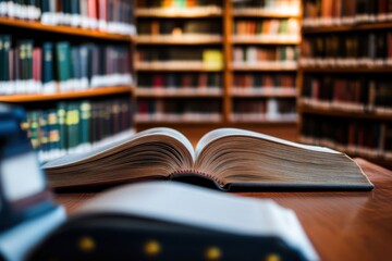 Fototapeta premium Open book on wooden table surrounded by shelves filled with books in a quiet library setting