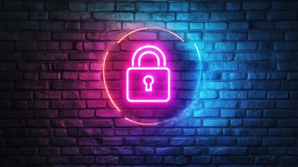 World Password Day Neon lock on brick wall with cyber security and data privacy concept