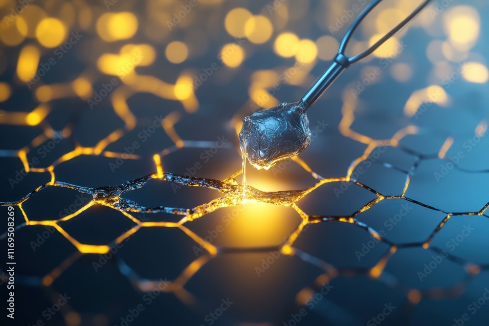 Aufkleber detailed close-up of a scientific experiment with a pipette on a glowing honeycomb structure