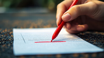 Close-up of Hand Marking Errors with Red Marker on Paper for Editing, Proofreading, and Quality Control Concept in Work Environment