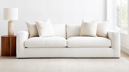 Modern off-white sofa with beige cushions sits in a minimalist room. A wooden side table with a lamp completes the serene setting.