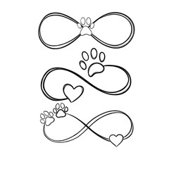 Big set line art illustration pet care, dog footprint. Dog paw tattoo idea, dog footprint