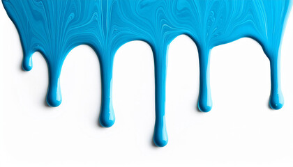 Vibrant blue paint dripping on white background. Fresh bright paint flowing down. Abstract pattern.