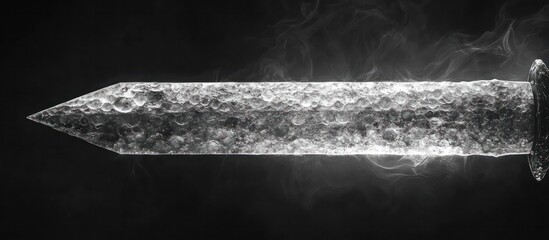 Closeup of a sharp deadly looking knife blade shrouded in a mysterious fog or mist creating an ominous sinister and foreboding atmosphere  The knife appears to be a threat