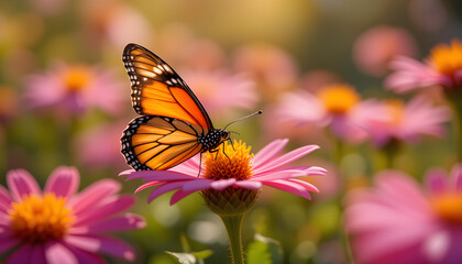 Fototapeta premium A butterfly rests on a vibrant flower, sparkling in the warm sunlight of a tranquil garden full of beauty. Hello spring 