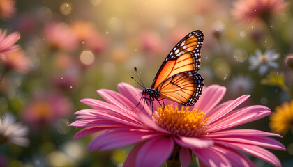 Obraz premium A butterfly rests on a vibrant flower, sparkling in the warm sunlight of a tranquil garden full of beauty. Hello spring 