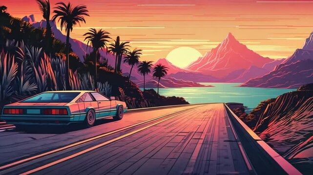 Car ride on the morning road in 80s retro synthwave or 00s vaporwave style