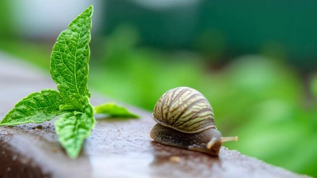 Brown snail with striped shell near green mint leaves. Nature wildlife content