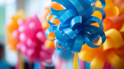 At birthday celebrations and other gatherings, colorful decorations with silk paper ribbons are typical, evoking a joyous mood with copy space images. -