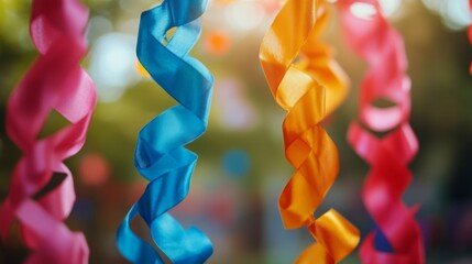 At birthday celebrations and other gatherings, colorful decorations with silk paper ribbons are typical, evoking a joyous mood with copy space images. -