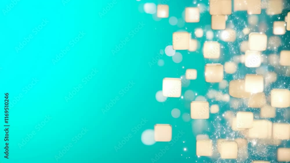 Wall mural glowing squares and sparkles on turquoise background with bokeh effect. motion graphics content