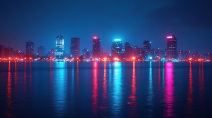 Fototapeta premium Neon cityscape reflecting on calm water at night.