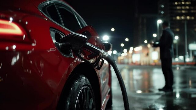 Red car refueling at night gas station with street lights. Transport and fuel industry content