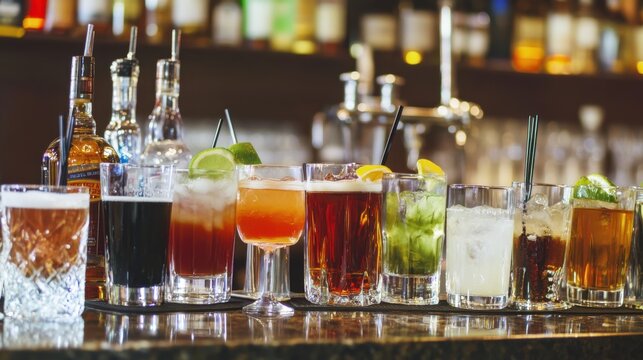Colorful assortment of cocktails and mixed drinks in a bar setting
