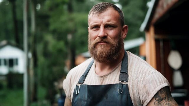 Man in apron with beard wearing white shirt near wooden house. Craft business content