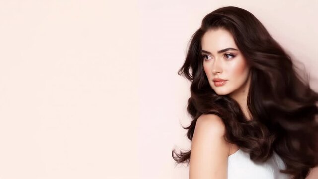 Woman with brown wavy hair and makeup on pink background. Beauty and cosmetics content