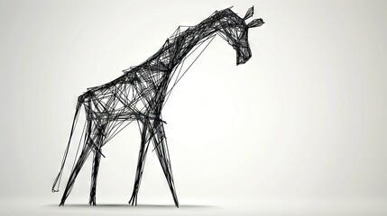  A black outline of a giraffe on a white background, depicted in wire sculpture form