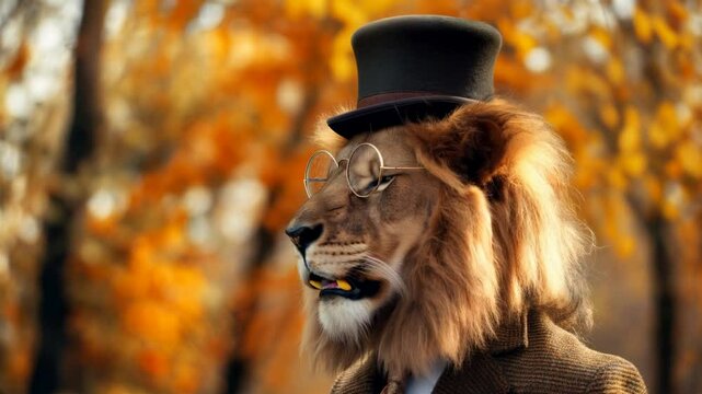 Lion wearing top hat and glasses against autumn background. Fashion humor content