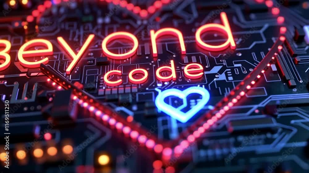 Leinwandbilder Neon lights create a vibrant heart shape that merges romantic themes with technology, showcasing the phrase Beyond Code. This modern art piece emphasizes a unique blend of love and digital innovation.