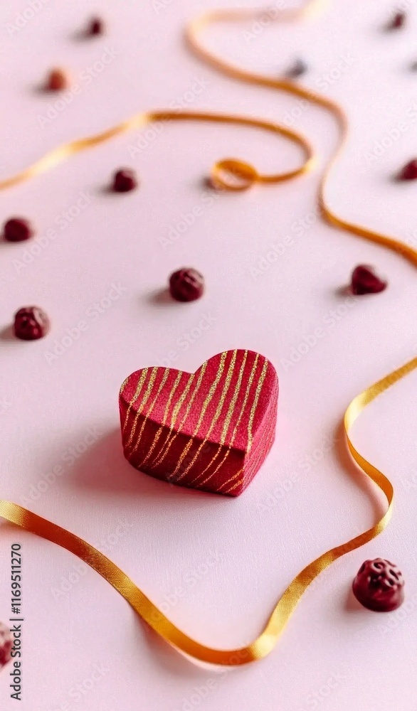 Poster heart-shaped box with elegant design surrounded by decorative elements on a soft pink background