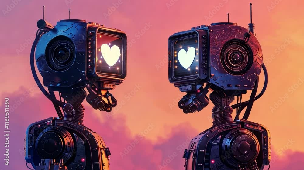 Poster Two futuristic robots face each other, their screens displaying glowing hearts. The vibrant sunset in the background adds a romantic atmosphere, showcasing a unique blend of technology and emotion.