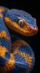 Fototapeta premium Coiled snake with vibrant patterns and colors on a black background