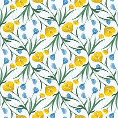Colorful Abstract Tulips in an Ogee Shape with Yellow Ochre, Indigo Blue, and Hunter Green design creating a seamless pattern print background