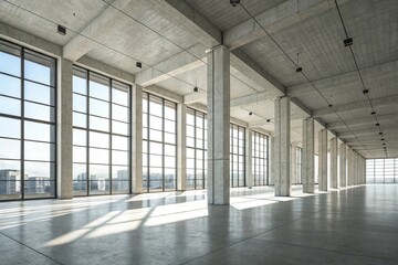 A spacious, modern concrete hall with numerous columns and large, luminous windows provides a striking backdrop for text in this 3D-rendered stock photo