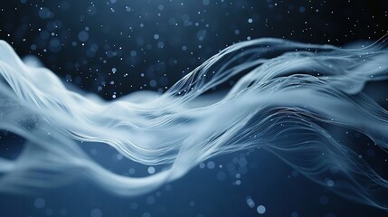   A sharp image of a white wave on a dark blue background with snowflakes in the foreground
