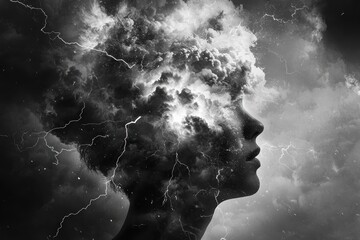 Mental Chaos Depiction: Stormy Clouds and Lightning Illustrating Anxiety Concepts for Posters