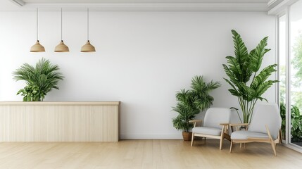 Elegant reception area showcases a stylish front desk and inviting armchairs, perfect for an office or hotel lobby atmosphere