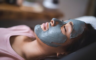 Face mask beauty treatment in salon relaxing. A woman with facemask in spa with pajama.